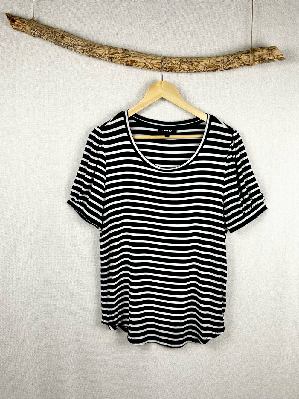 DKNY Black & White Striped Top | Stretch Scoop Neck Tee | Effortless Everyday - Picture 2 of 8